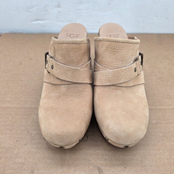 UGG Natalie Platform Wedge Clog Mules Tan Suede Sheepskin Lined Stud Women’s 7 - Picture 14 of 16